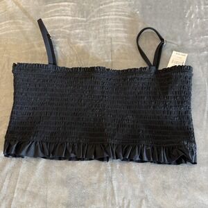 Solido Womens Bikini Top L Black Smocked Tank Ruffle Hem Crop Swim Beach